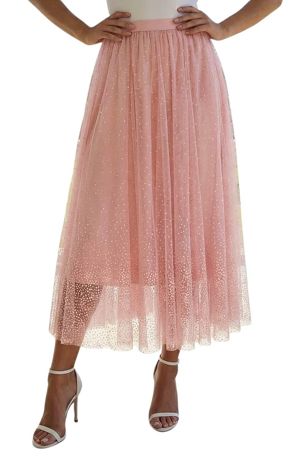 Roman Originals Women's Light Pink Polka Dot Print Elasticated Mesh Skirt For Uk - Everyday Autumn Winter Comfy Soft Evening Vacation Work Party Night Out - Size 16