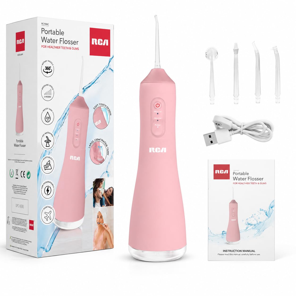 RCA Idropulsore portatile ricaricabile senza fili, filo interdentale elettrico per denti con ugello rotante a 360°, 3 modalità di pressione, serbatoio dell'acqua da 330 ml, filo interdentale