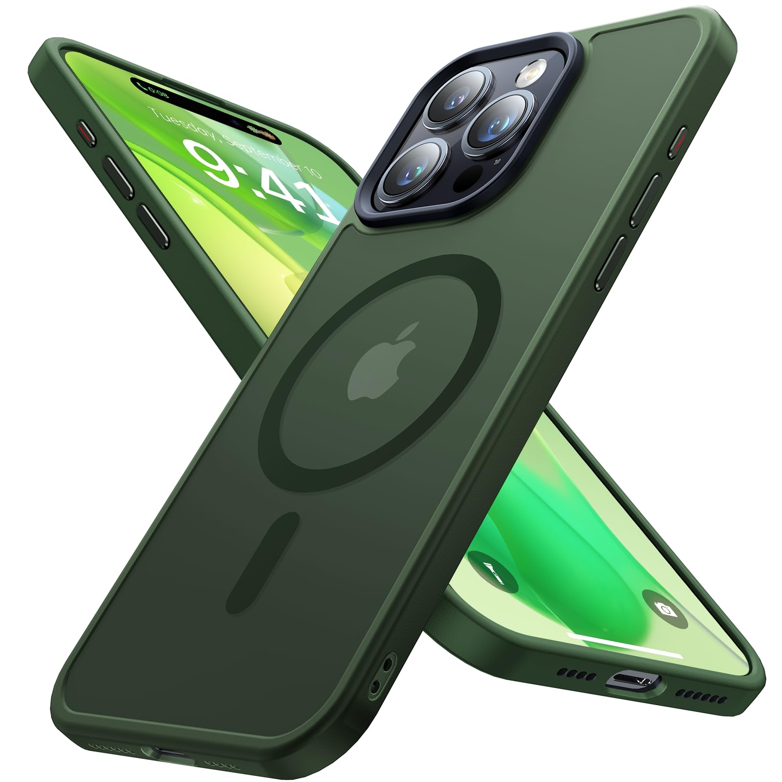 Strong Magnetic for iPhone 15 Pro Max Case, [Compatible with MagSafe] [Military-Grade Drop Tested] Shockproof Protective Slim Translucent Matte Cover for iPhone 15 Pro Max Phone Case, Green