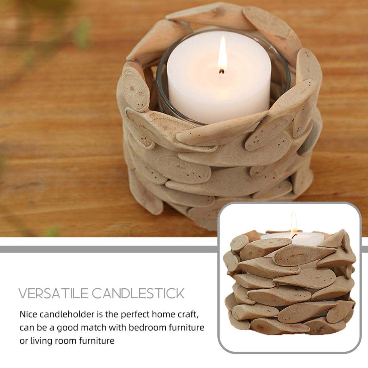 Portacandele Decorativo Rotondo in Legno, Artigianale, Khaki