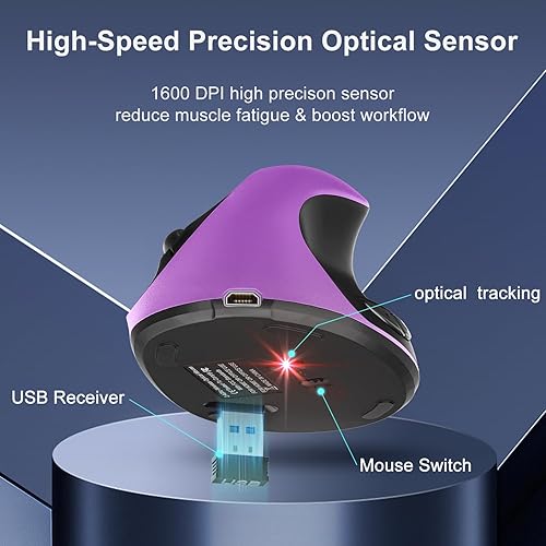 Miniatura 5 de Ratón ergonómico inalámbrico Ratón vertical Ratón pequeño para diestros con receptor USB, 2.4 GHz, 6 botones ajustables DPI 80012001600 para PC,