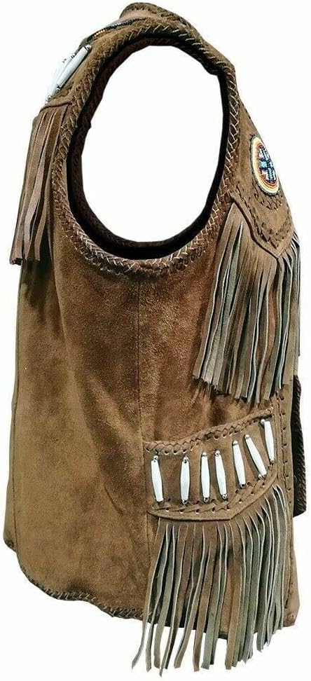 Western Style Suede Leather Vest for Men with Native American-Inspired Design, Fringes, Beads & Braid3