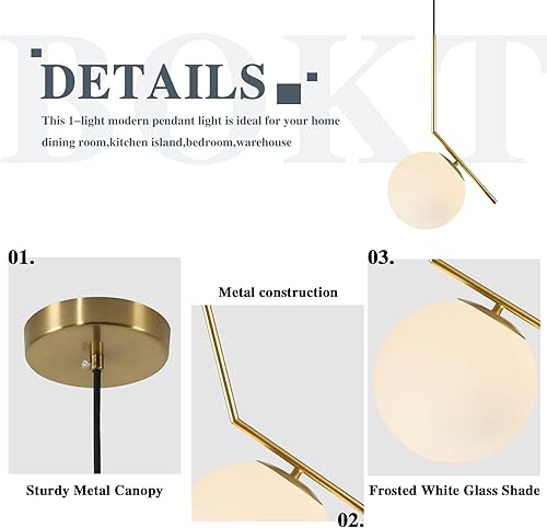 Miniatura 3 de BOKT Lámpara colgante moderna con forma de globo de mediados de siglo, latón cepillado, luz colgante ajustable con vidrio blanco esmerilado para