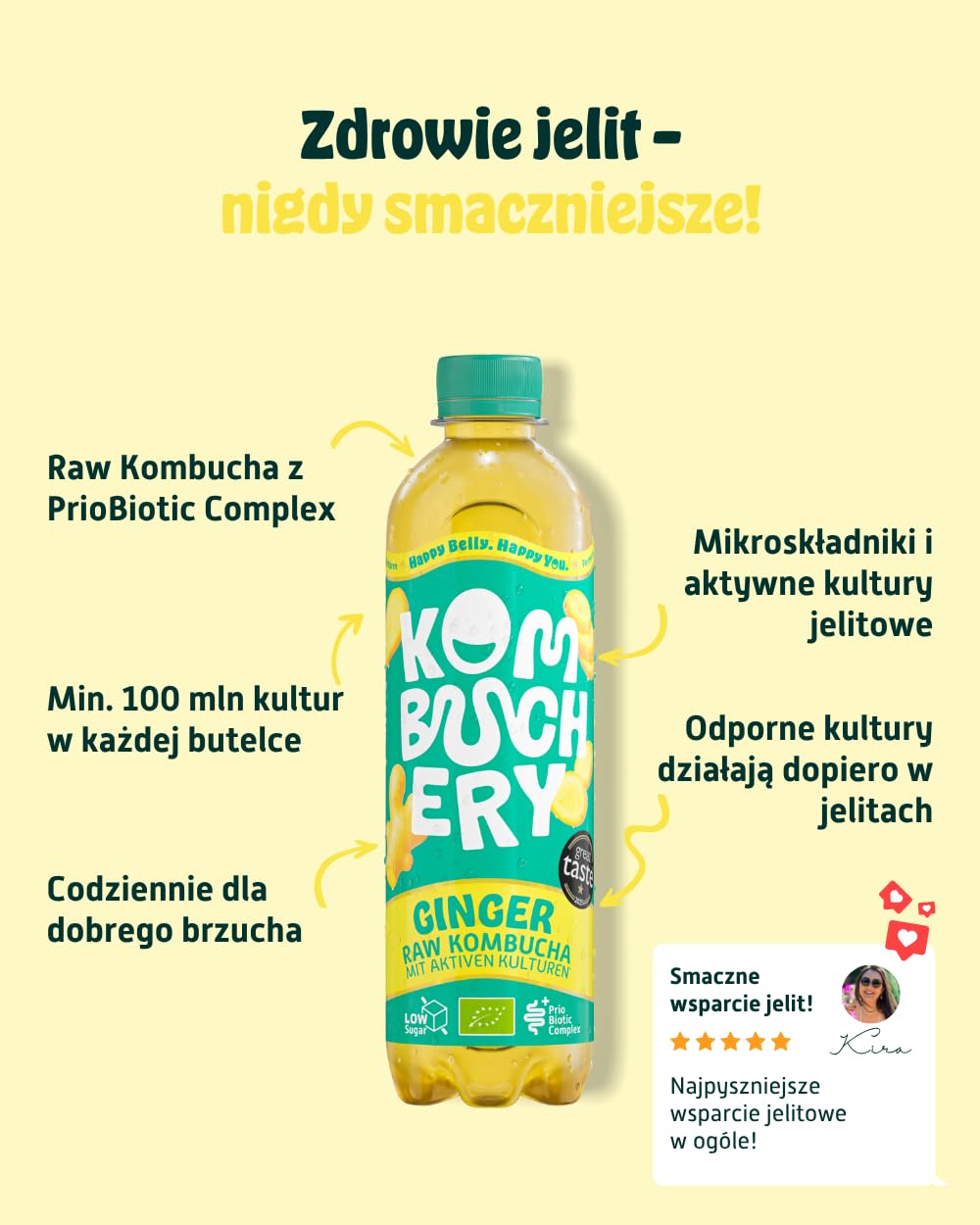 KOMBUCHERY® Surowy Kombucha Imbir EKO | 12 x 400ml | Fermentowana herbata z aktywnymi kulturami dla jelit | Niska zawartość cukru i kalorii | Niepasteryzowany, probiotyczny