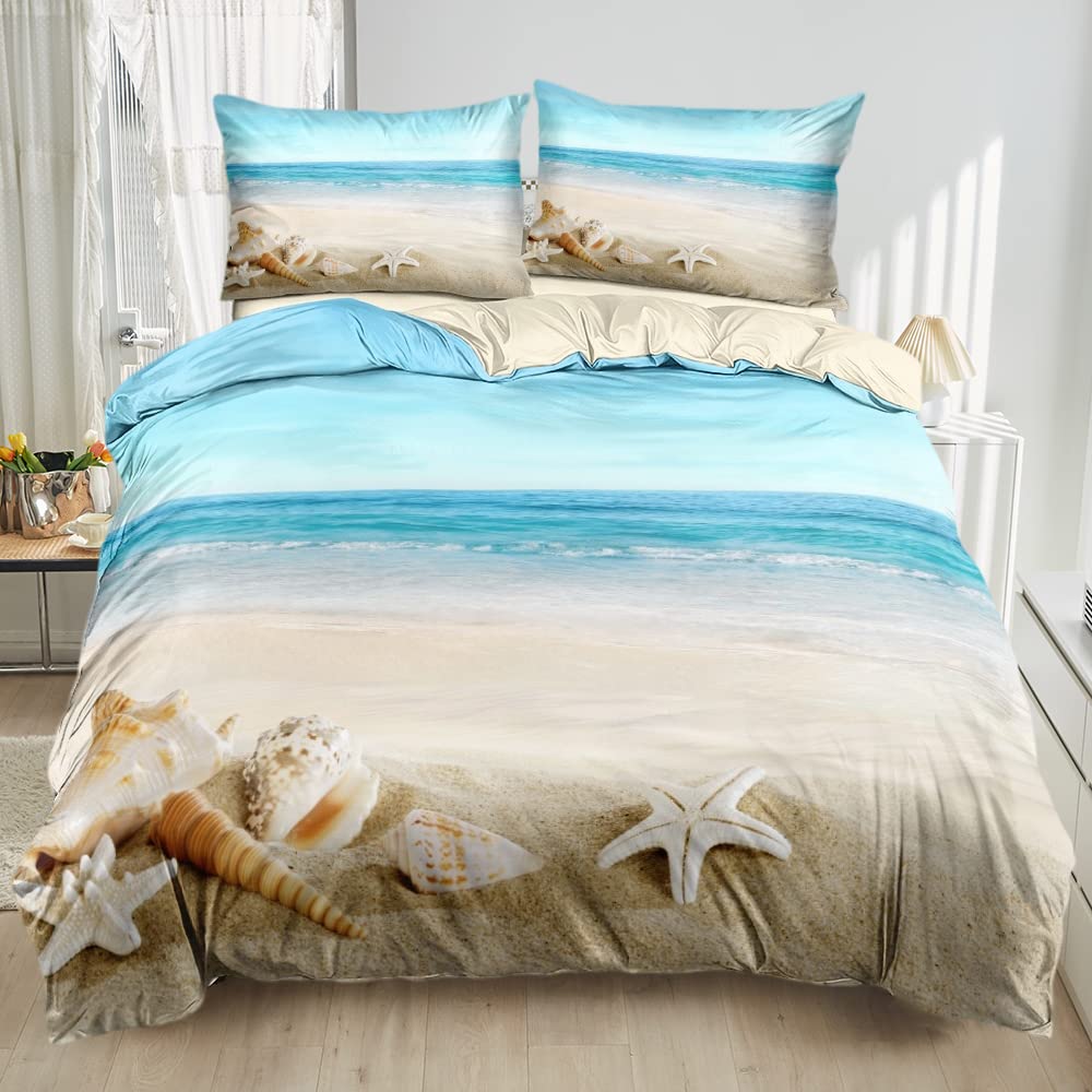 Damier Bettwäsche Set Ozean Bettbezug 155x220cm Meeresstrand 3D-Digitaldruck Bettwäsche-Sets 3 teilig Weiche Mikrofaser Bettbezug mit Reißverschluss und 2 Kissenbezüge 80 x 80 cm
