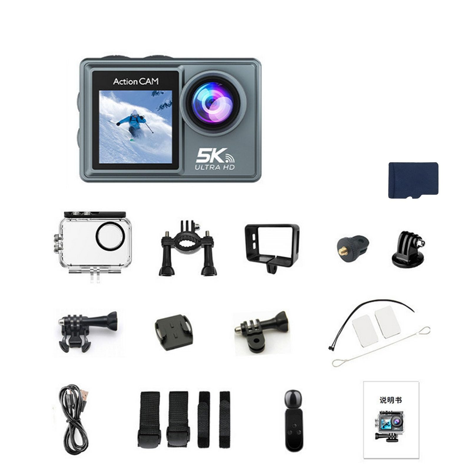 Puruxe Action Camera + scheda di memoria da 64 GB, 5 K, 24 megapixel, completamente attrezzata con accessori, supporta la funzione di telecomando, adatta per registrare vlog e