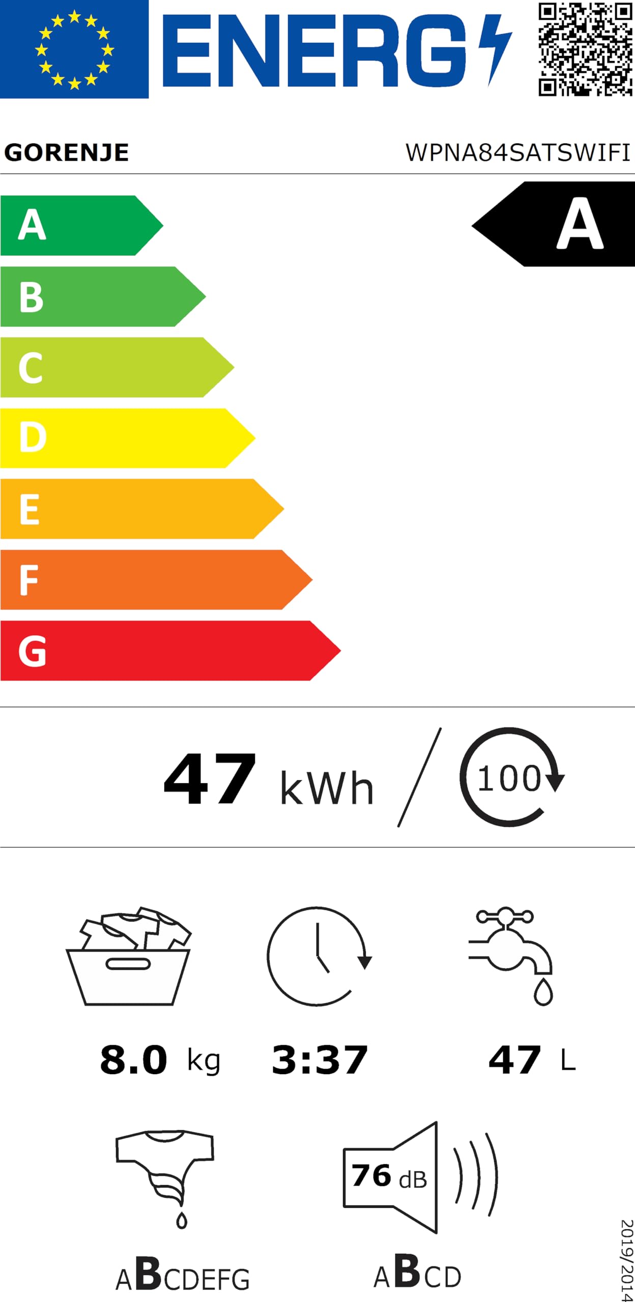 Gorenje WPNA 84 SATSWIFI Waschmaschine mit Dampffunktion / 8 kg / 1400 U/Slim Line/ConnectLife WiFi/Total AuaStop/Inverter PowerDrive Motor/Edelstahltrommel/Kindersicherung/EEK A