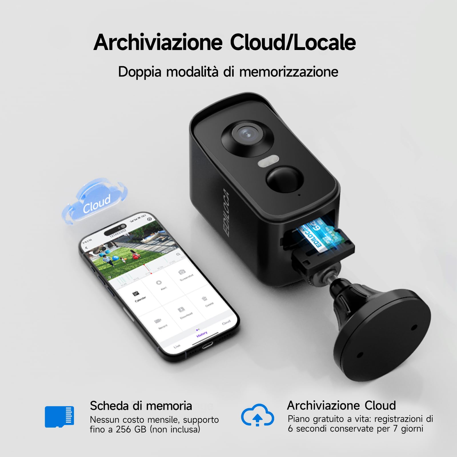 Telecamera WiFi Interno/Esterno, Videocamera Sorveglianza 2K 3MP Senza Fili Batteria Ricaricabile, Rotazione 300°, Rilevamento Umano PIR, Visione Notturna a Colori, Impermeabile IP65-Black