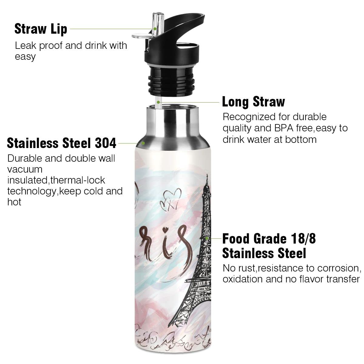 Edelstahl Wasserflasche mit Strohhalm, Paris Tower Isolierte Trinkflasche Sport Wasserflasche für Kinder Erwachsene, auslaufsicher, 1L
