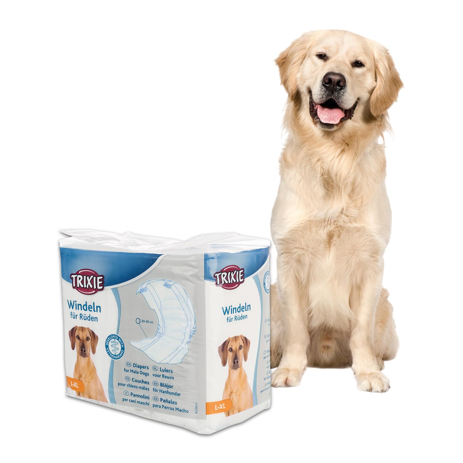 Trixie:- Disposable Diapers for Male Dogs | Made with Polyester Material, Comes with Adhering Fasteners & an Elastic Band | Can be Used to Avoid Male Marking, Excitable Urination - L-XL 60-80cm 12pcs
