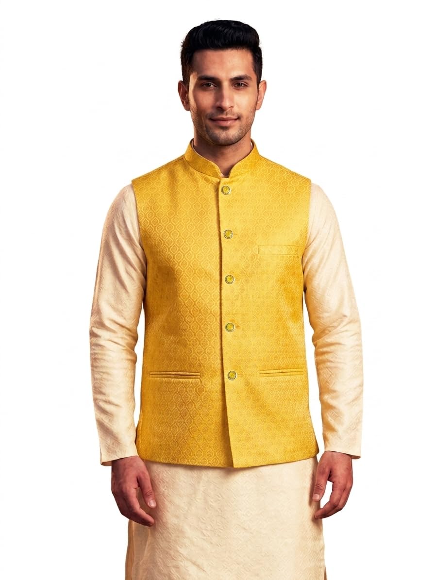 Brocade Nehru Jacket/Modi Jacket for Men Floral Design Sleeveless 4 Pocket Waistcoat for Wedding, Office Party, Festive, Diwali - 8 Color-image-45