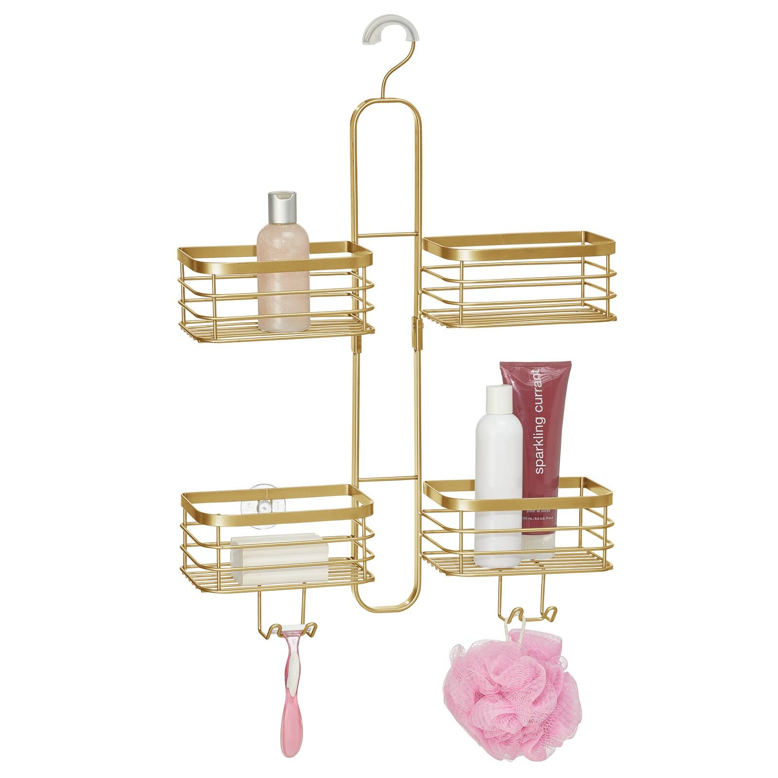 mDesign Organizador de ducha colgante de acero metálico, organizador de 4 cestas para baño; sostiene cabezal de ducha de mano, manguera, champú, acondicionador, crema de afeitar, jabón, lufa