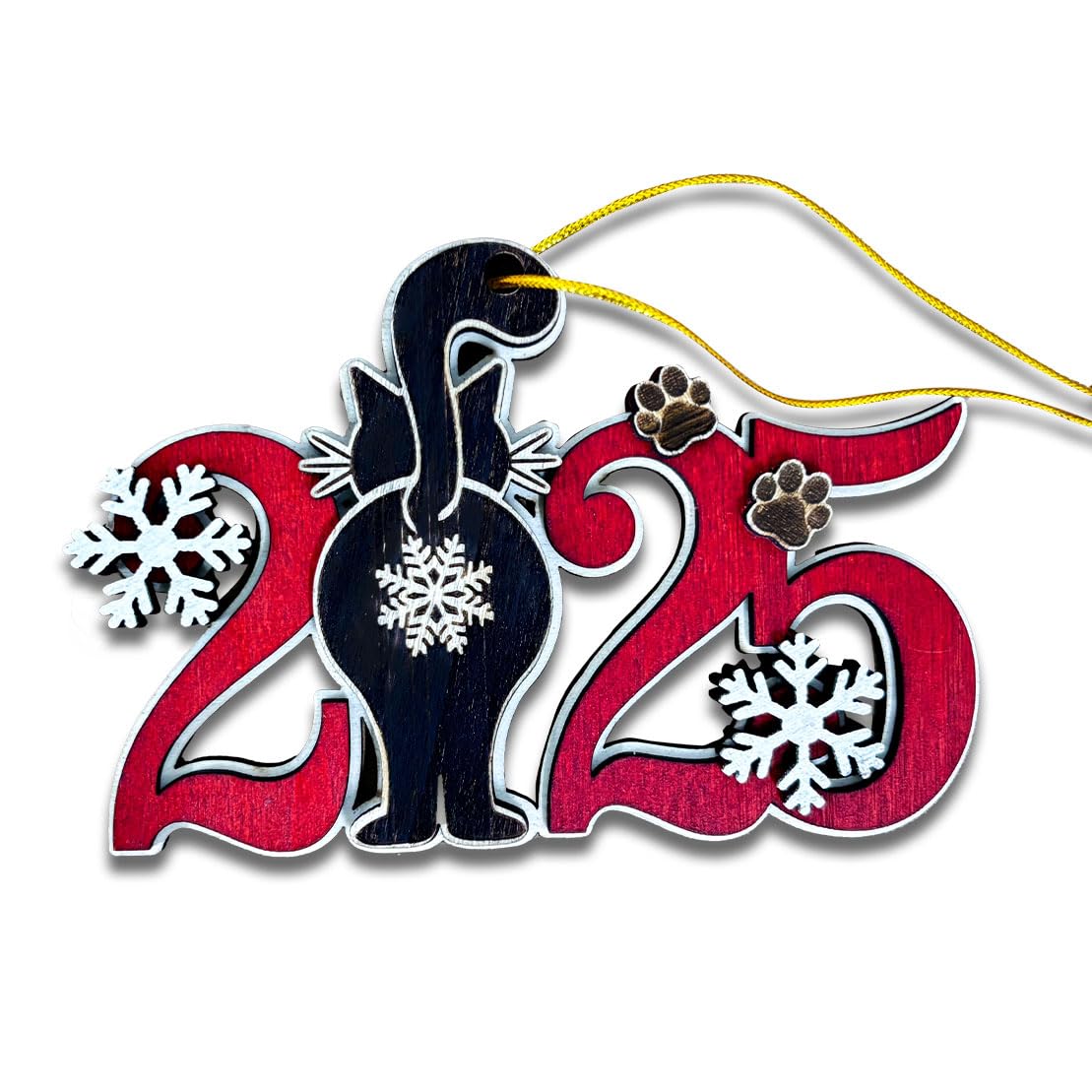 Black Cat 2025 Christmas Ornament – Funny Kitten Butt Wooden Tree Decoration with Snowflakes & Paw Prints for Cat Lovers, Pet Owner Christmas Décor