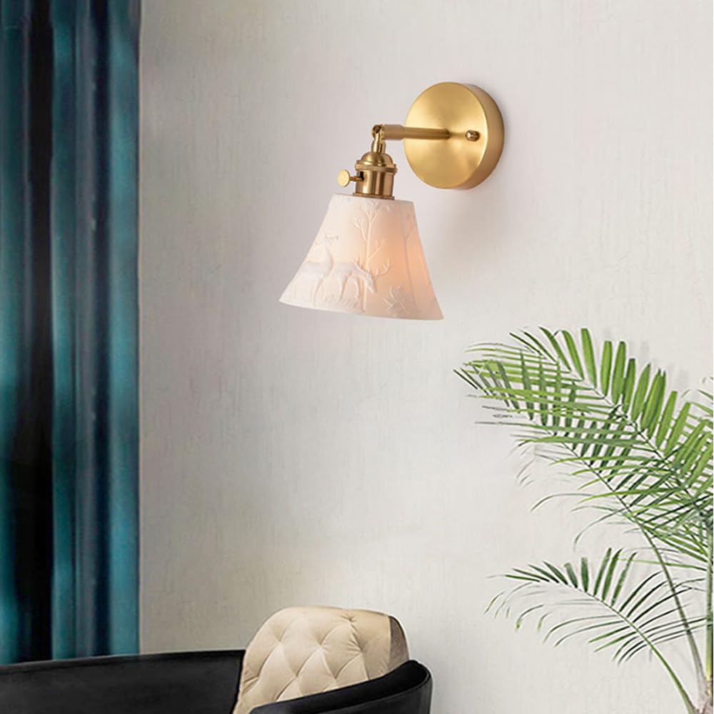 Mjsdjof Retro Wall Sconce Lighting Brass Finish with White Deer Relief Ceramic Shade, Vintage Wall Mounted Lamps for Bedroom Bathroom Hallway Staircase Foyer Dining Room Study Living Room