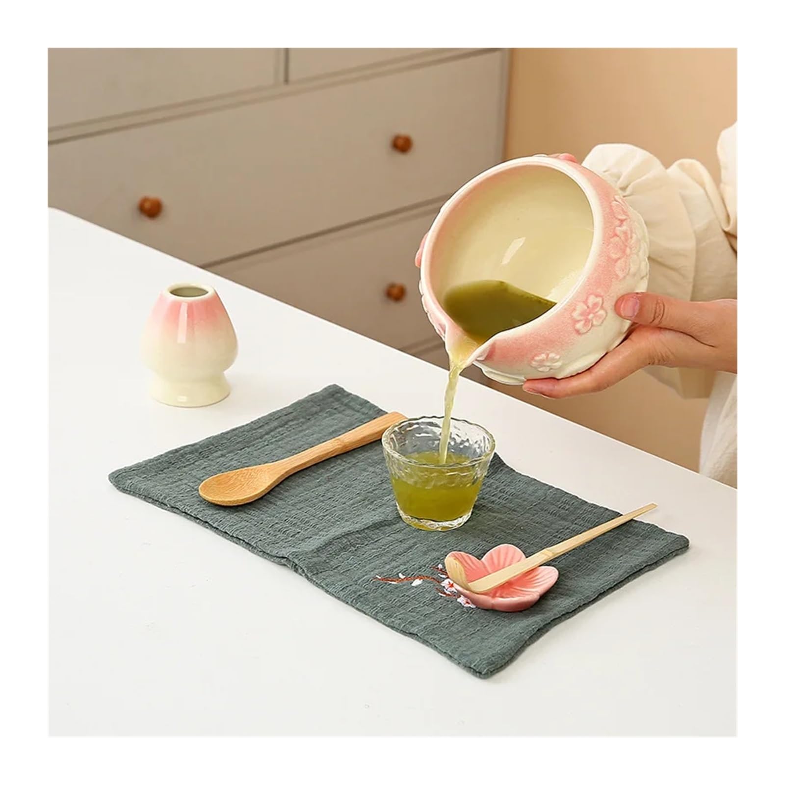 Cuenco Matcha blanco con flor de cerezo 8 Uds. Con juego batidor, té incluido boquilla(G)