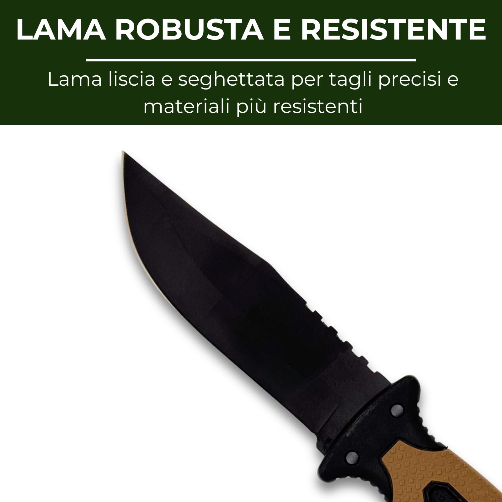 Coltello Sopravvivenza Lama Combinata 13cm Acciaio Inox, Manico Antiscivolo Marrone, Fodero ABS, Accendifuoco, Fischietto, Pietra Affilatrice e Rompivetro – Bushcraft, Camping, Trekking, Idea Regalo