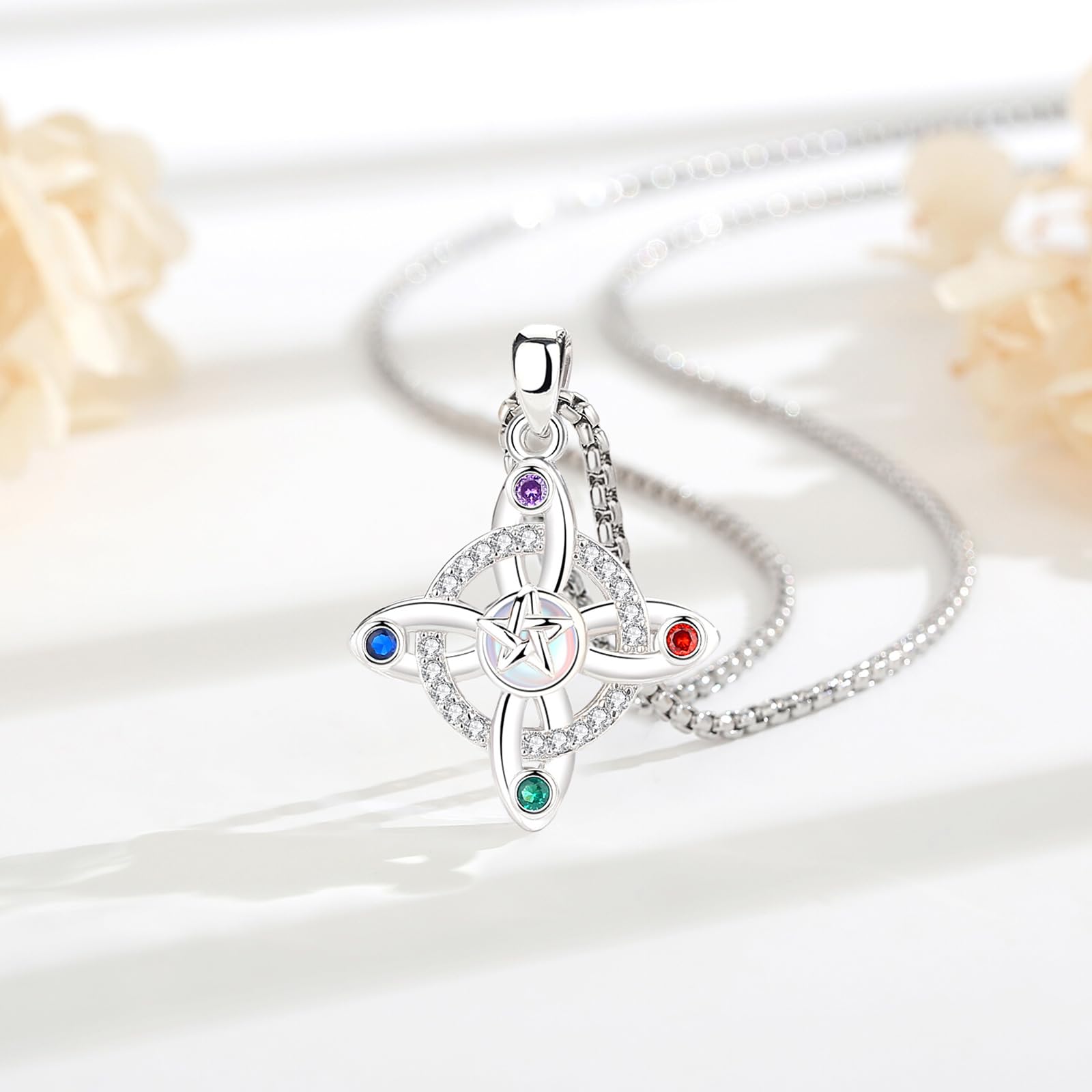 AEONSLOVE Hexenknoten Halskette Damen Silber 925 Irisch Keltischer Knoten Kette mit Mondstein Obsidian Hexenanhänger Hexen Knoten Schmuck