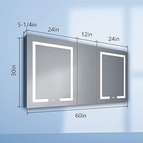 Miniatura 4 de ExBrite Botiquín de baño con luz LED con espejo 60 x 30 pulgadas botiquín LED con gabinete de almacenamiento extra cerrado desempañamiento