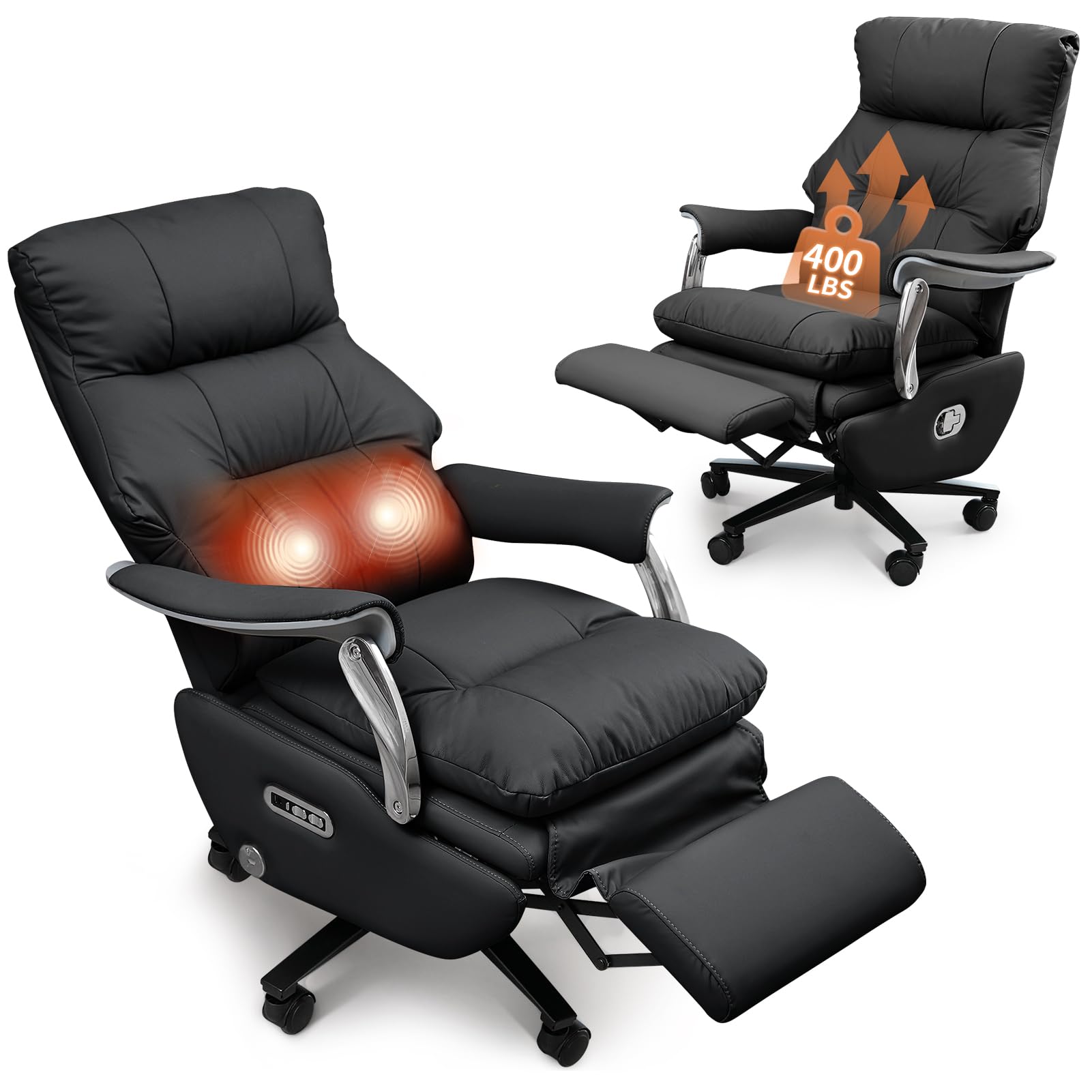 EMIAH Silla de Oficina Ergonómica con Reposapiés Reclinable MT031 Silla Ejecutiva con Masajeador Silla de Escritorio Silla Giratoria Cómoda de Ajustable Respaldo Alto en Piel Sostenible (Negro)