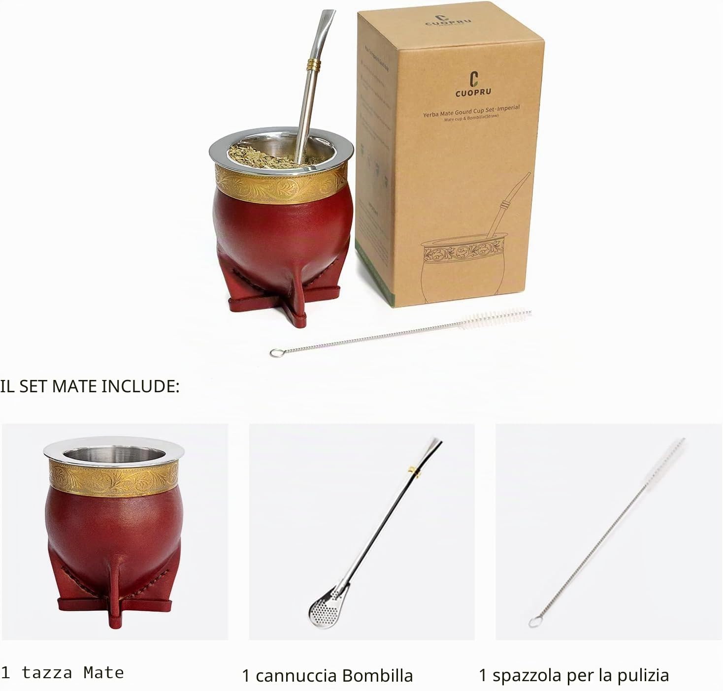 Tazza in acciaio inox 304 Argentina Yerba Mate con cannuccia Tea Zucca Tazza One Bombilla Mate (paglia) una spazzola per la pulizia (marrone)