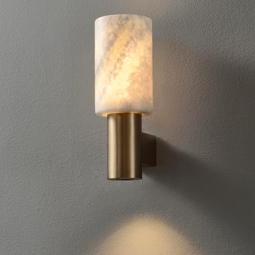 Yvamnad Champagne Gold Alabaster Wall Sconce- 9.84In Natural Marble Wall Sconces E14 Alabaster Wall Lights Modern Bathroom Vanity Wall Lamps 3000K Indoor Mid Century Marble Wall Lighting For Foyer Bedroom Living Room Stairs