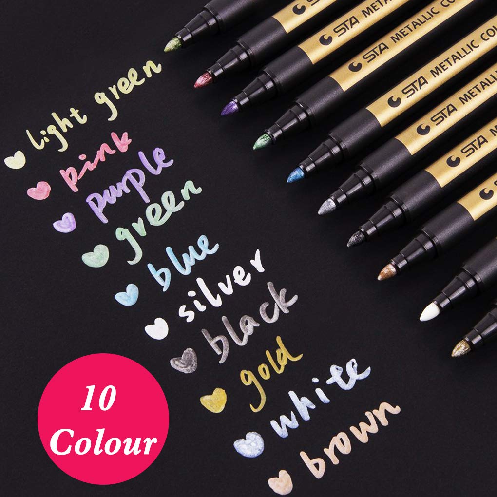 Premium Metallic Marker Pens, KXF Set of 10 Assorted Metallic Color Art Paint Marker Pens for Card Making,Scrapbooking Crafts, DIY Photo Album,Rock Painting,Metal and Ceramics, Glass-Medium Tip (2mm)