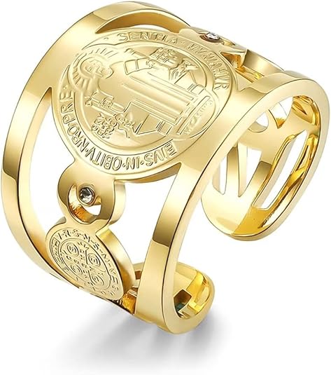 Renning Anillos de San Benito de acero inoxidable para hombres y mujeres, cristiano, Jesús, católico, cruz romana, anillo ajustable abierto