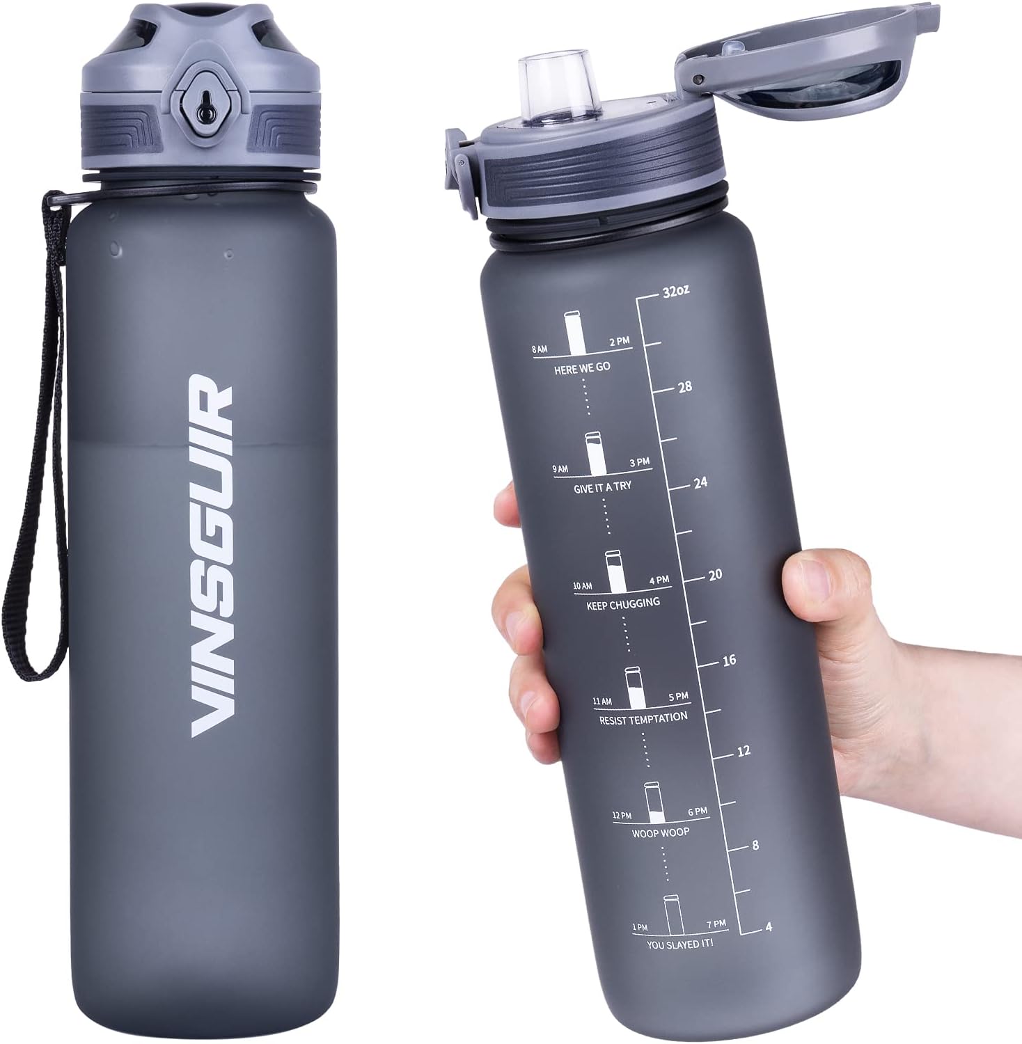 Vinsguir 32 oz Water Bottle with Motivational Time Marker & Measurements, 1 Liter BPA Free Water Jug for Women Men (No Straw): Home Improvement