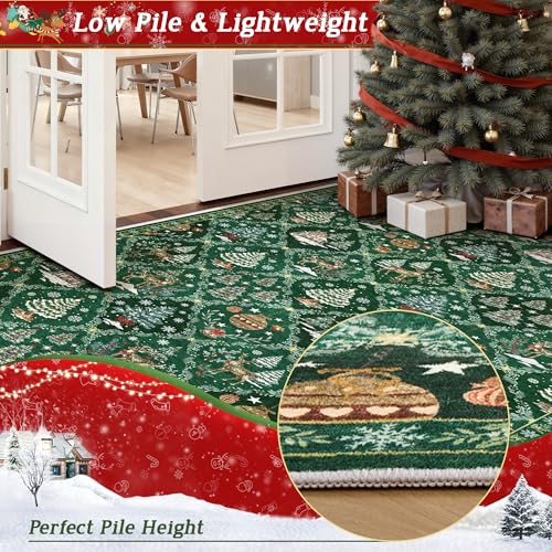 Madane Christmas Runner Rugs for Hallway 2x10 Long, Washable Non-Slip Green Hallway Rug Low-Pile Stair Kitchen Runner Soft Holiday Decor Throw Carpet for Entrance Living Dining Laundry Room