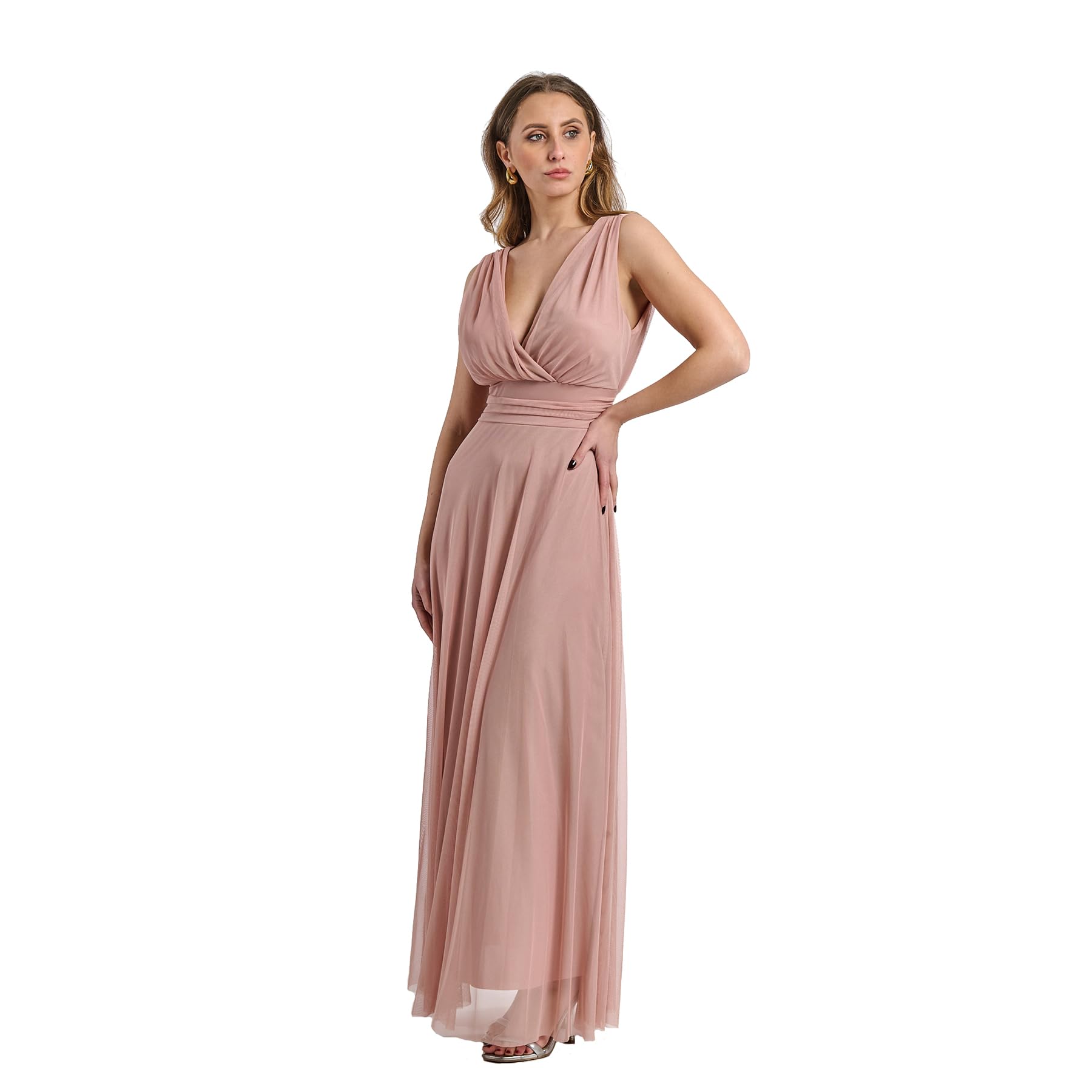 Langes Festkleid für Damen, aus elastischem Tüll mit V-Ausschnitt, hergestellt in Italien