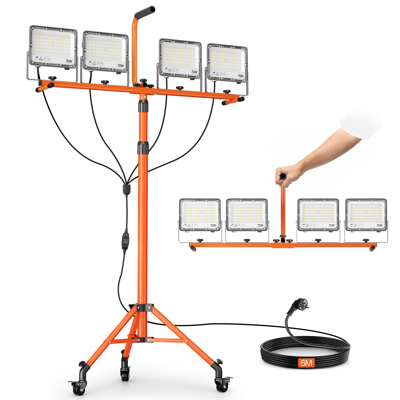 EMART 280W Foco de Trabajo LED con Ruedas 28 000lm Foco LED para Obras | Ajustable , lámparas de trabajo con cable de 5 m, resistente al agua (IP66). Proyector de obra con pie para talleres y obras