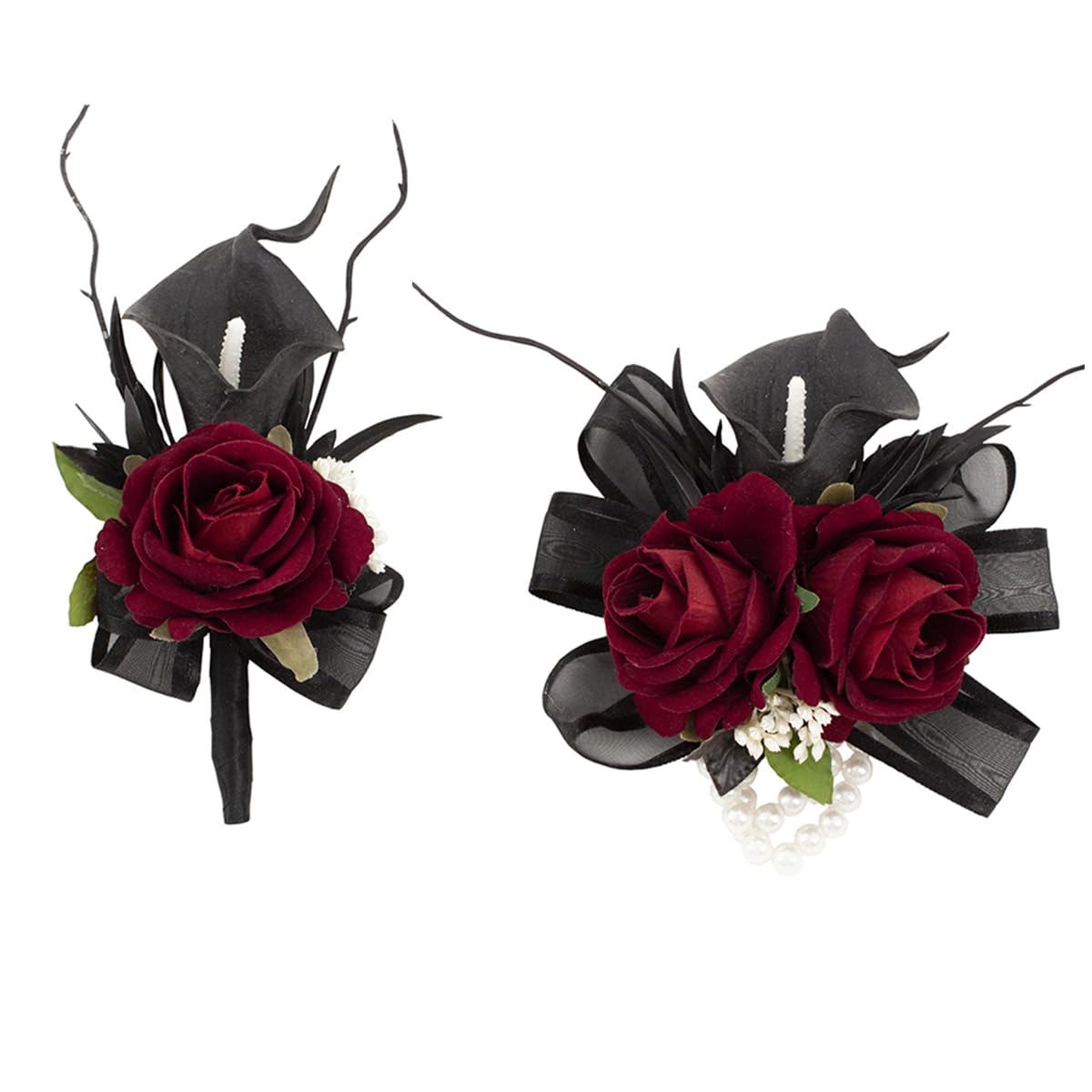 Floinla Black Burgundy Corsage and Boutonniere Set for Wedding Prom, Artificial Calla Lily Rose Flower Wrist Corsage Bracelets, Homecoming Wristlet, Boutonniere for Men Suit Decorations