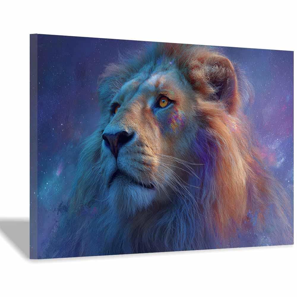 ZAMAEIU Zwierzęta lwy kontemplujące gwiazdy obraz dekoracyjny, odpowiedni do salonu, sypialni, pokoju dziecięcego (niebieski)-60 x 90 cm w ramie