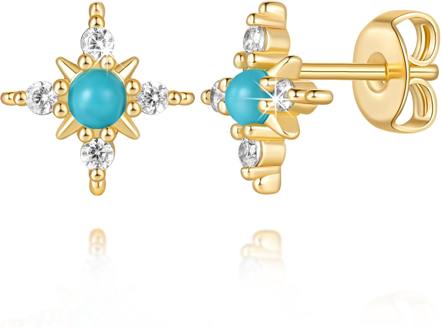 Gold Studs Earrings for Women 14K Gold Earrings for Women Studs Earring for womens Four-Pointed Star Inspired Shape with Cubic Zirconia Stud Earring for Womens 10mm