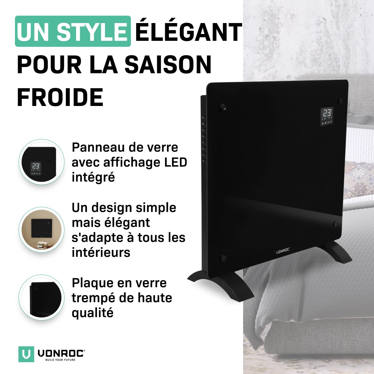 VONROC Chauffage Électrique 1000W - Panneau Verre Noir- Wi-Fi & Manuel - LED, Thermostat, Minuterie, Sécurité Enfants - Silencieux, Convecteur Design pour Pièces jusqu’à 12m²