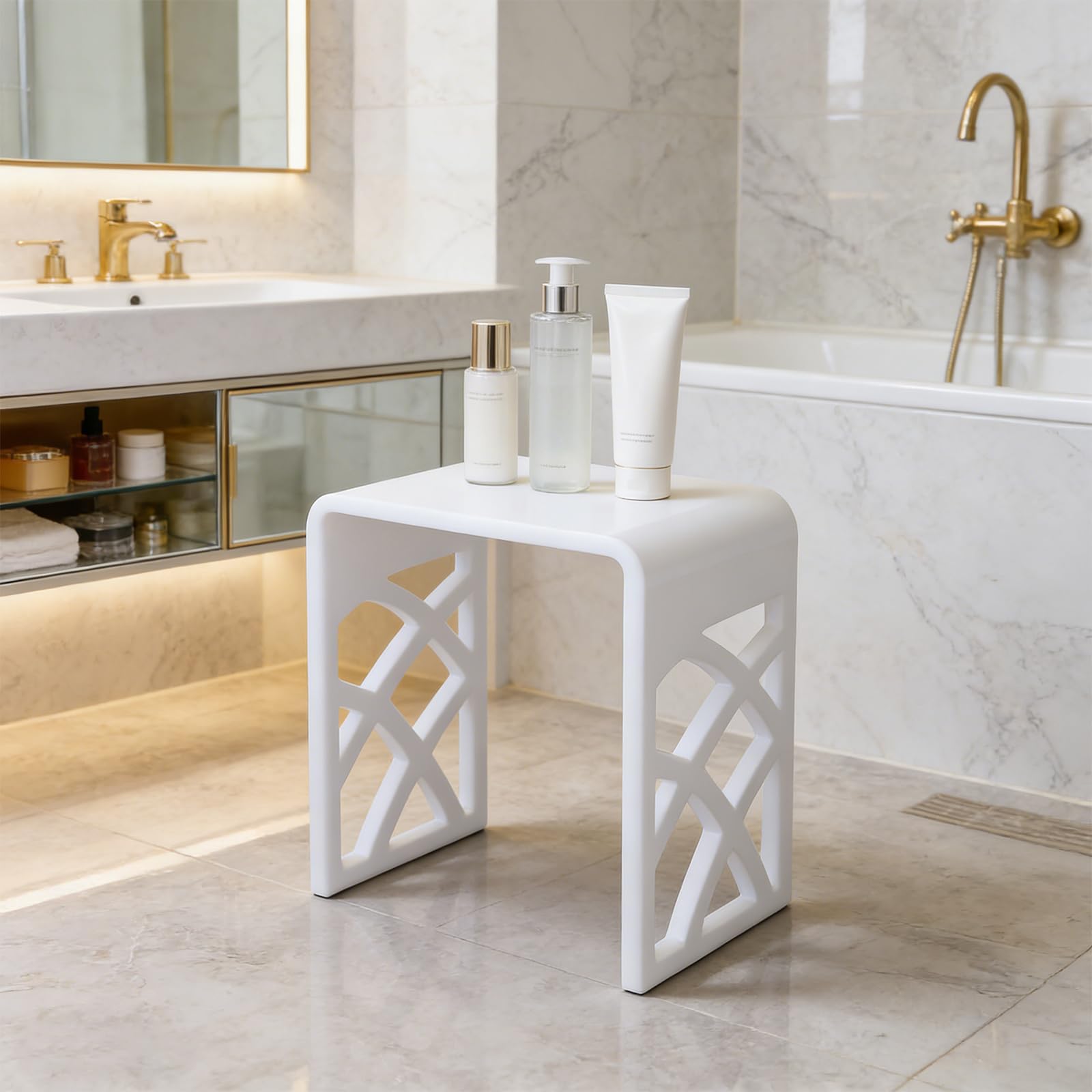 Banco de ducha de acrílico, hasta 300 kg, blanco, taburete de ducha, moderno taburete de ducha de acrílico en forma de U, taburete de baño para baño, salón, entrada, dormitorio (40 x 27 x