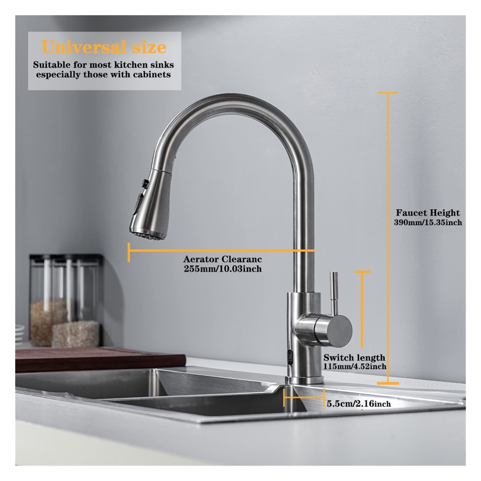 Rubinetto con sensore Automatico, Miscelatore touchless, Rubinetto Intelligente per Cucina, Rubinetto a infrarossi Spazzolato, Rubinetto a infrarossi Nero/Nichel (Hwx-Spazzolato)