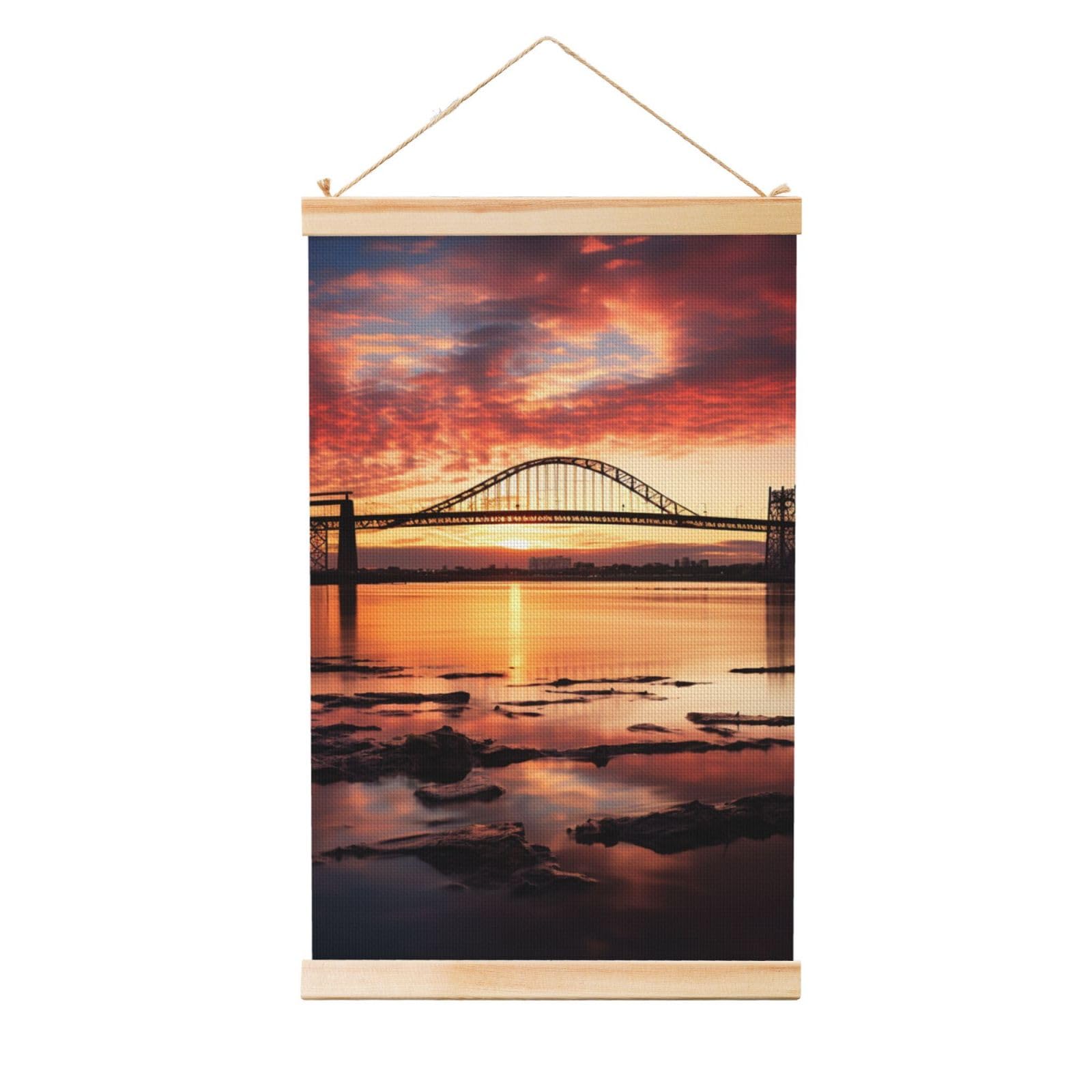 Newark Bay Bridge and Sunset Poster Wooden Shaft Hanging Poster Wall Hanging Banner Canvas Artwork with Wood Frames 20"x30" Modern Artwork Decor Ready to Hang Wall Art for Home Decor Scroll Painting