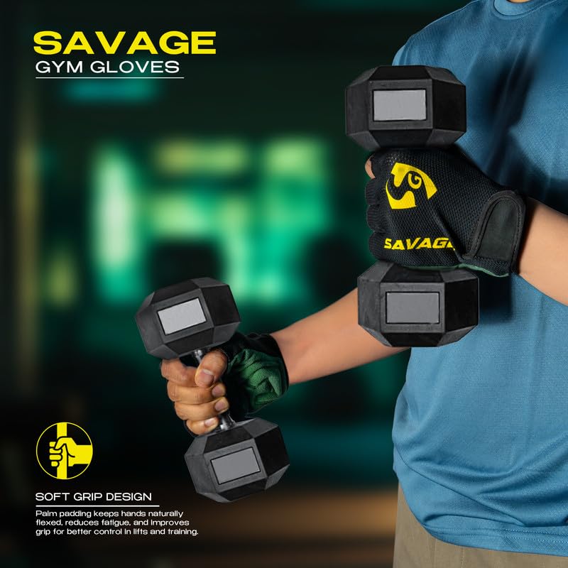 Image of SG Savage Gym Gloves for Men & Women | Half Finger Workout Gloves with Non-Slip Palm, Weightlifting & Training Gloves with Wrist Support for Gym, Fitness, Exercise & Cycling