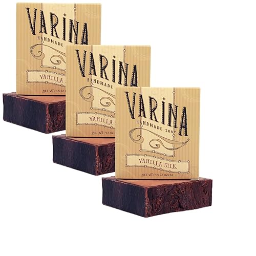 Varina Jabón en barra de seda de vainilla natural, limpieza suave para pieles sensibles, dulce y vainilla, paquete de 3, experimenta una piel sana y