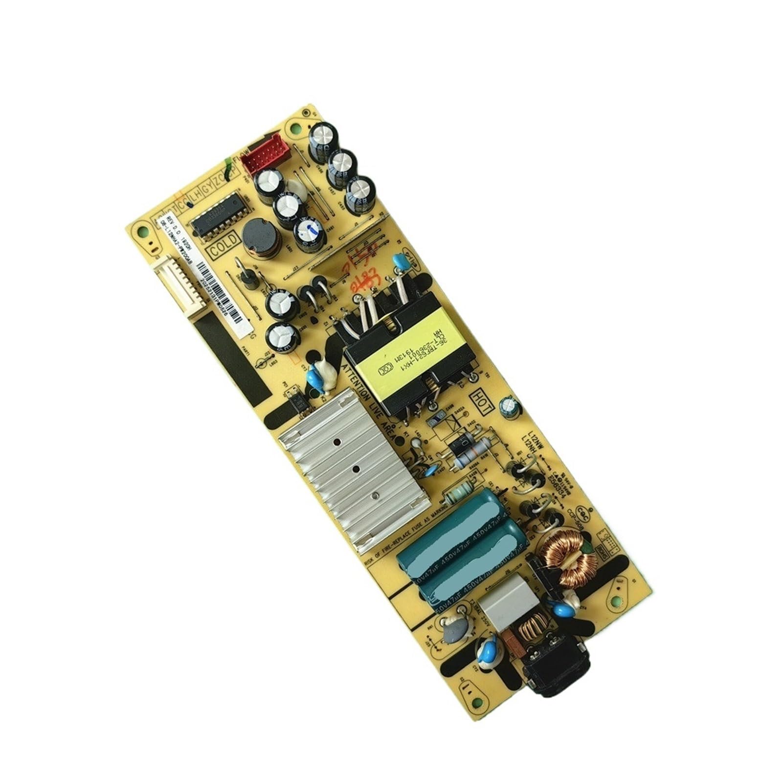 Top view of a green power supply board with various electronic components.