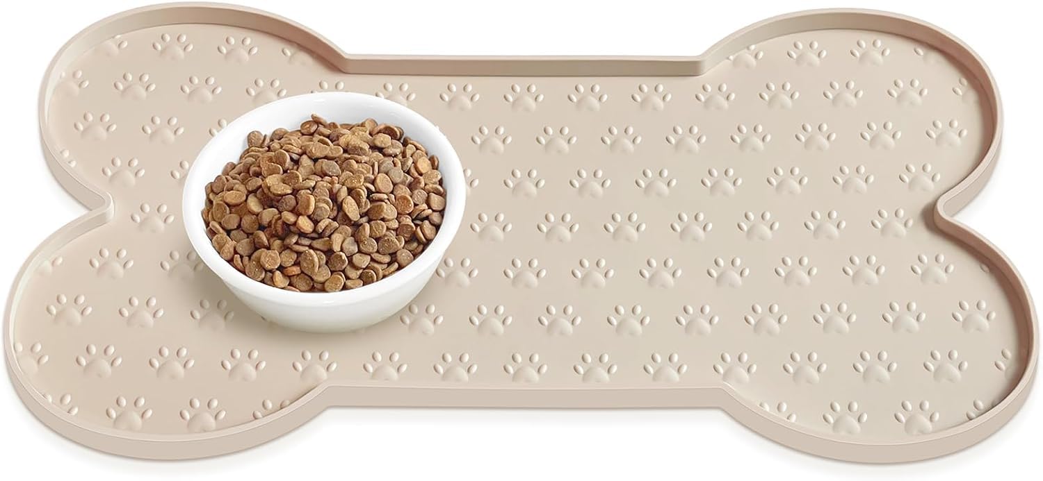 WLFRHD Silicone Dog Bowl Mat, Waterproof Non-Slip Pet Feeding Mat with Raised Edge, Easy to Clean Placemat for Cats and Dogs, Prevents Food & Water Spills (Beige, 49.4 * 25cm)