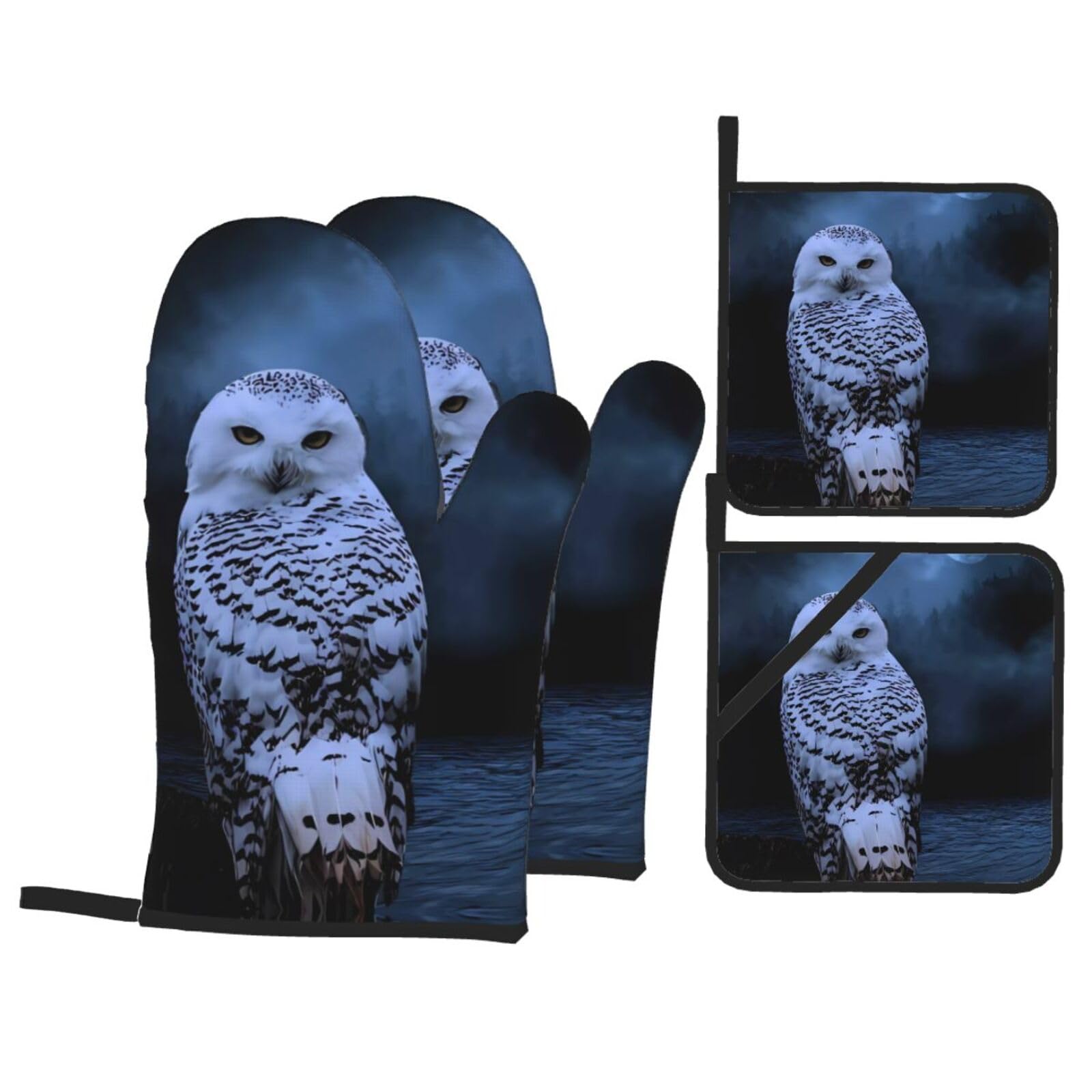 YYHHAOFA Owl at Night Prints Kitchen Baking Set with Heat Resistant Pot Holders & Oven Mitts - Waterproof Layers for Cooking, Grilling & Serving, Includes Pocket Layer
