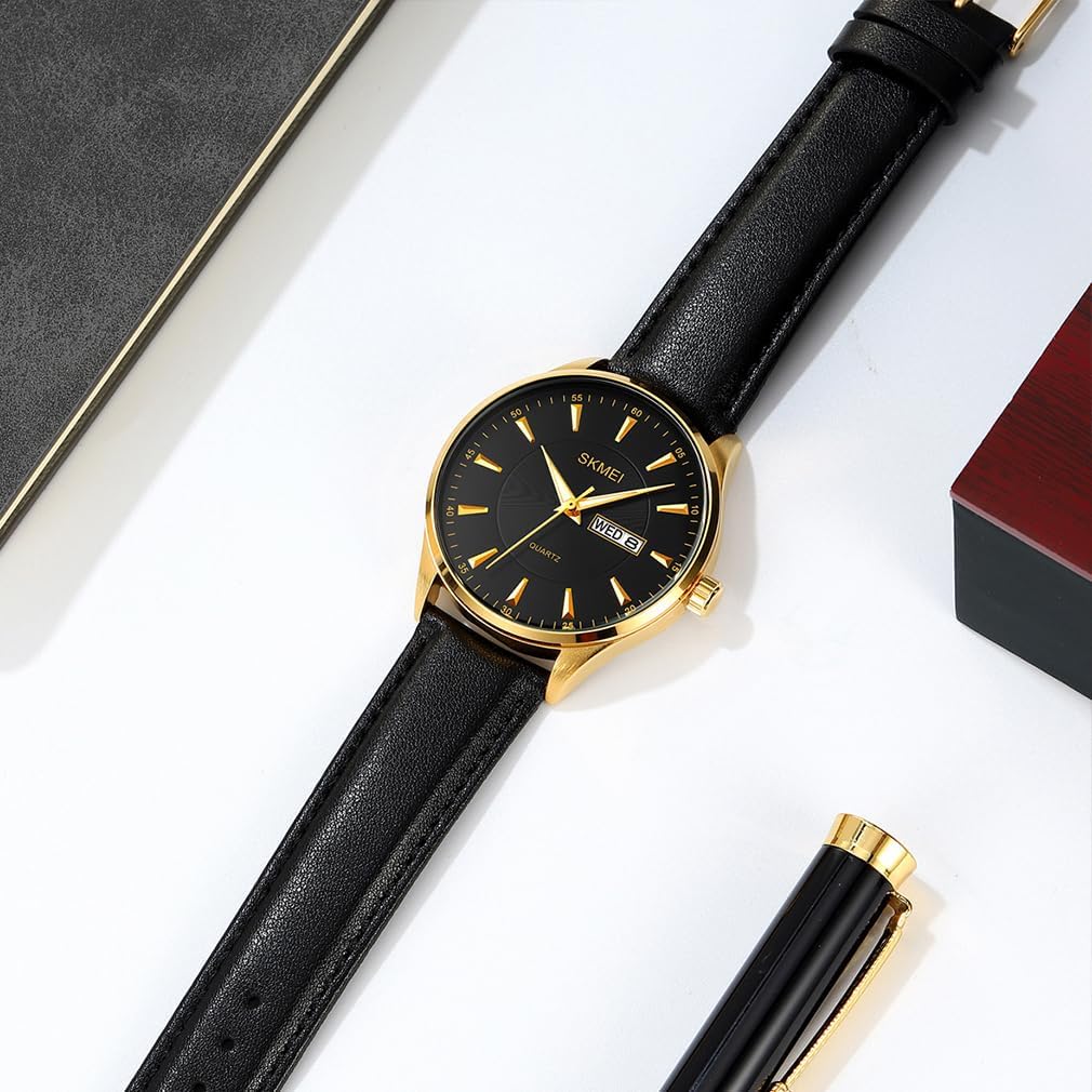SKMEI Watches for Men Black Leather Fashion Business Dress Classic Casual Simple Analog Waterproof Elegant Dad Fathers Gifts Gold Wrist Watch - Image 5