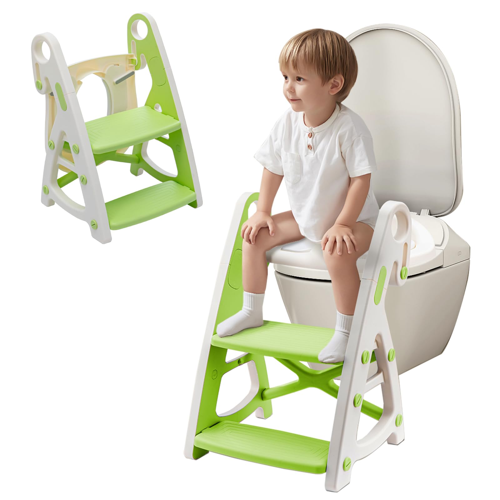 Trintion Potty Training Seat Toilet Seat Kids Adjustable Potty Ladder Seat for Toilet Training with Steps Handle Soft Cushion Design 2 in 1 Potty Training Toilet Seat (Green)