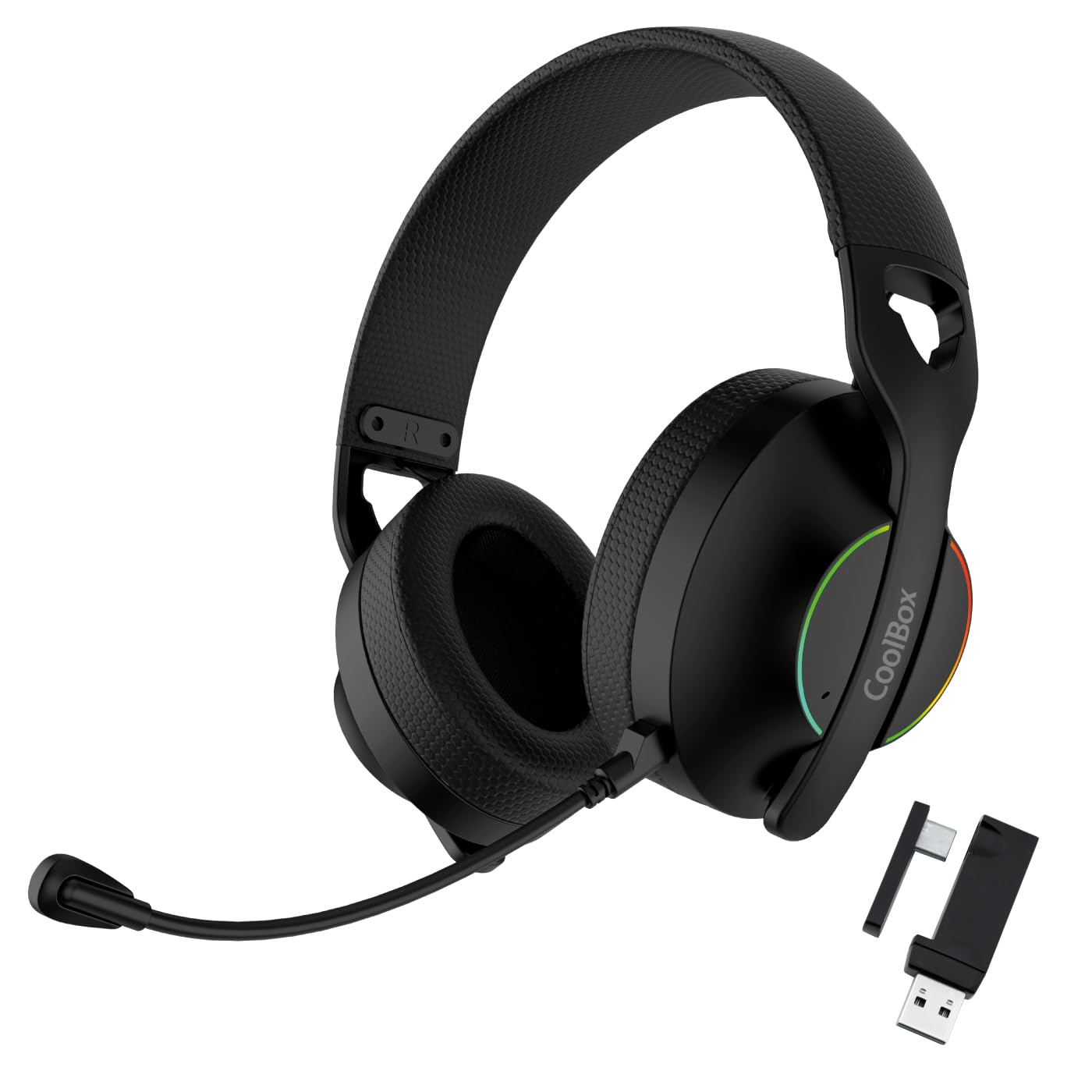 CoolBox WB01 Cascos Gaming Inalambricos con Micrófono Extraíble para PS5, PS4, Switch, PC. Conexión Inalámbrica 2.4GHz con Adaptador USB y Bluetooth 5.4, 20h de Autonomía, Carga USB-C en 2h. Negro