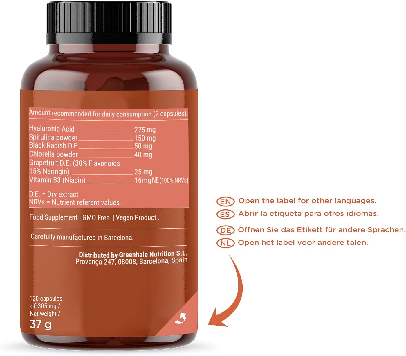 Nullure Hyaluronic Acid Supplements I Anti-Aging · Hydration · Skin Tone I Vegan Formula I Hyaluronic Acid + Spirulina + Chlorella + Vitamin B3 + Black Radish + Grapefruit I 120 Capsules (2 Months) - Image 3