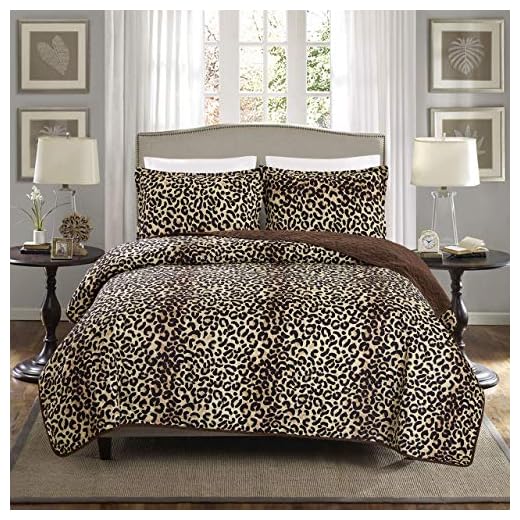 GrandLinen 3-Piece Fine Animal Print Oversize (118" X 95") Quilt Set, Bedspread Coverlet King Size Bed Cover (Brown, Black Leopard Print)