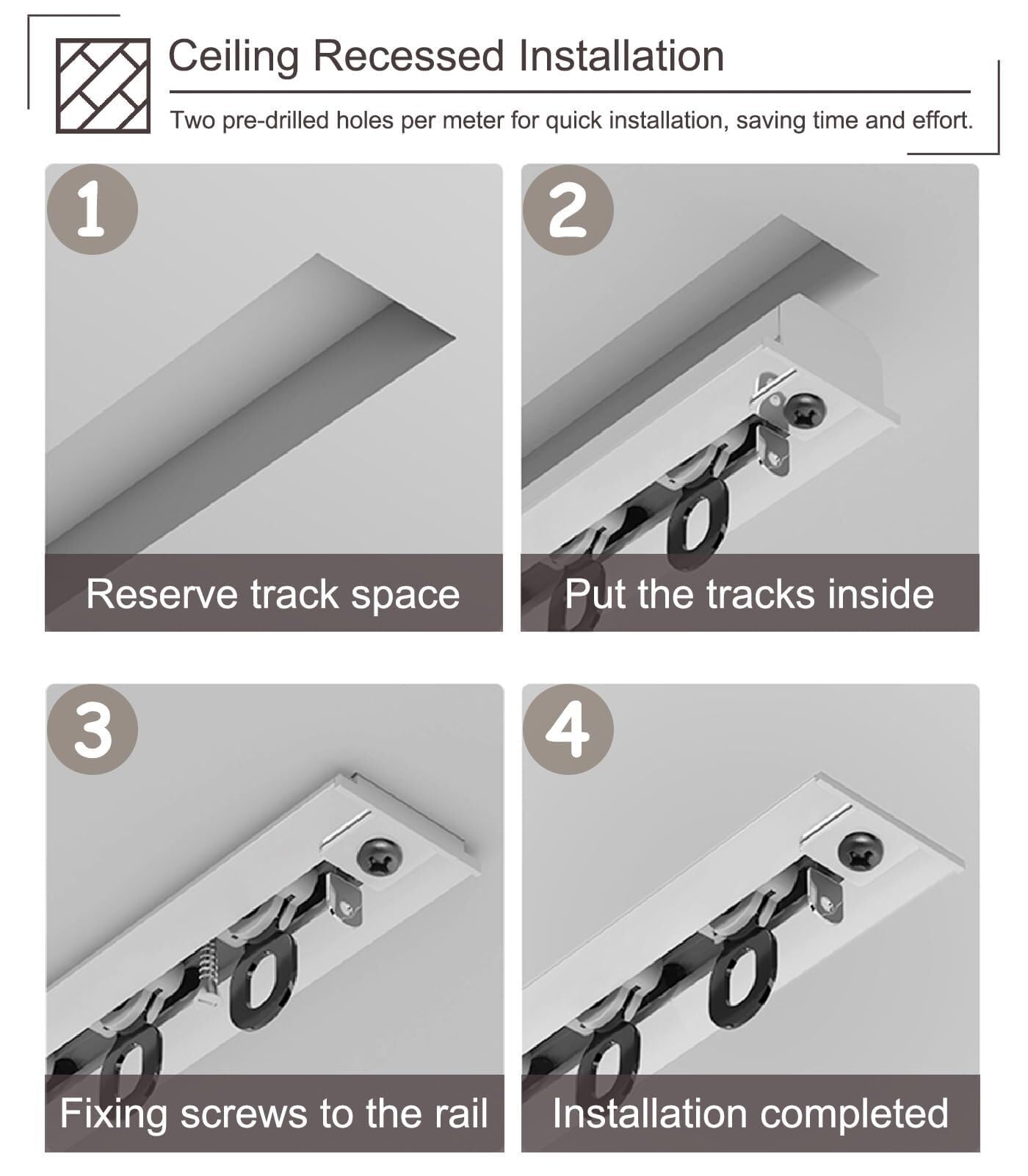 Kit de rails de rideaux occultants – Tringle encastrée en alliage d'aluminium avec supports cachés pour une action coulissante fluide – Idéal pour le salon et la chambre à coucher
