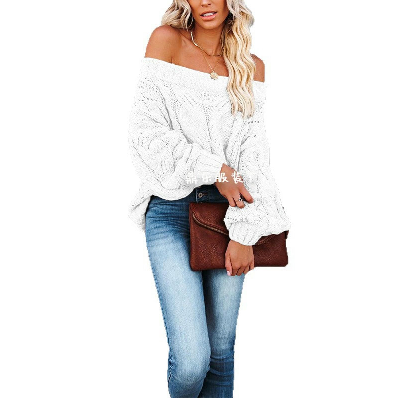 Maglione da Donna Pullover Ampio Donna, Design con Spalle Scoperte, Lavorato A Trecce -Bianco-m